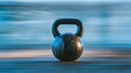 A kettlebell in mid-swing, captured in motion blur, with only the kettlebell in sharp focus