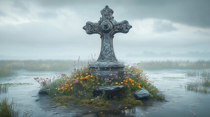 Stone cross in a misty, tranquil landscape. Wildflowers surround the base, adding a touch of serenity to the scene.