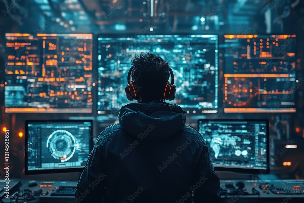 Poster man sitting at desk working on computer with focused expression in home office environment