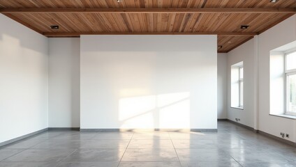 Obraz premium A serene, sparsely furnished room bathed in natural light through a right-side window. A vast white wall dominates, underlined by wooden beams and gray tiled floors. The simplicity exudes tranquility