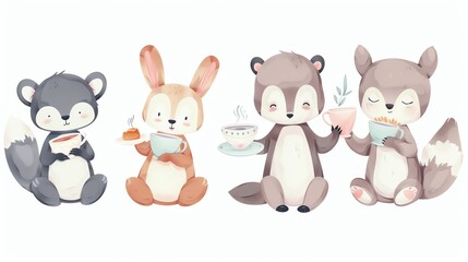 Naklejka premium A set of four cute cartoon animals enjoying tea time.