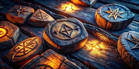 Fototapeta premium Mystical Norse Runes Illuminated at Night: Scandinavian Symbolism Stock Photo