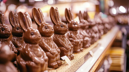 Lots of chocolate bunnies on counter in store. Traditional Easter treat. Easter candy sale