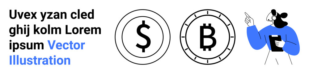Dollar and Bitcoin symbols, cartoon character holding a document. Ideal for finance, cryptocurrency, business, technology, education, presentations, websites Landing page