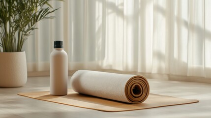 yoga corner, a peaceful yoga space with earth-toned mat, water bottle, and meditation cushion near a sunny window