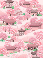 벚꽃이 만개한 산길을 따라 한국의 전통가옥 들이 늘어서있는 풍경. 벡터 일러스트레이션				
