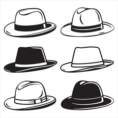 set of vector various fedora hat silhouettes