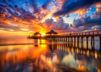 Fototapeta premium Naples Florida Sunset Pier Bokeh Photography - Romantic Golden Hour Seascape