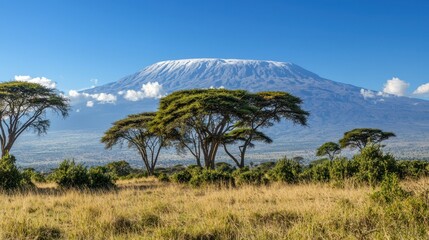 Naklejka premium A scenic shot of Mount Kilimanjaro with the Tanzanian high in the foreground, symbolizing the countryâ€™s independence