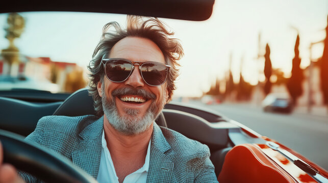 Smiling successful stylish middle-aged man in a luxury car