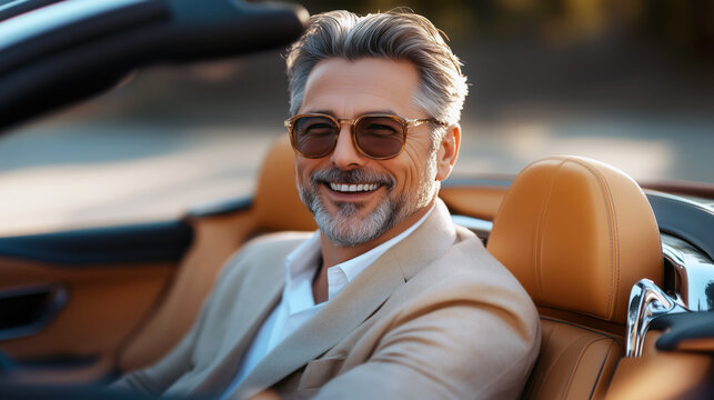 Smiling successful stylish middle-aged man in a luxury car - Powered by Adobe