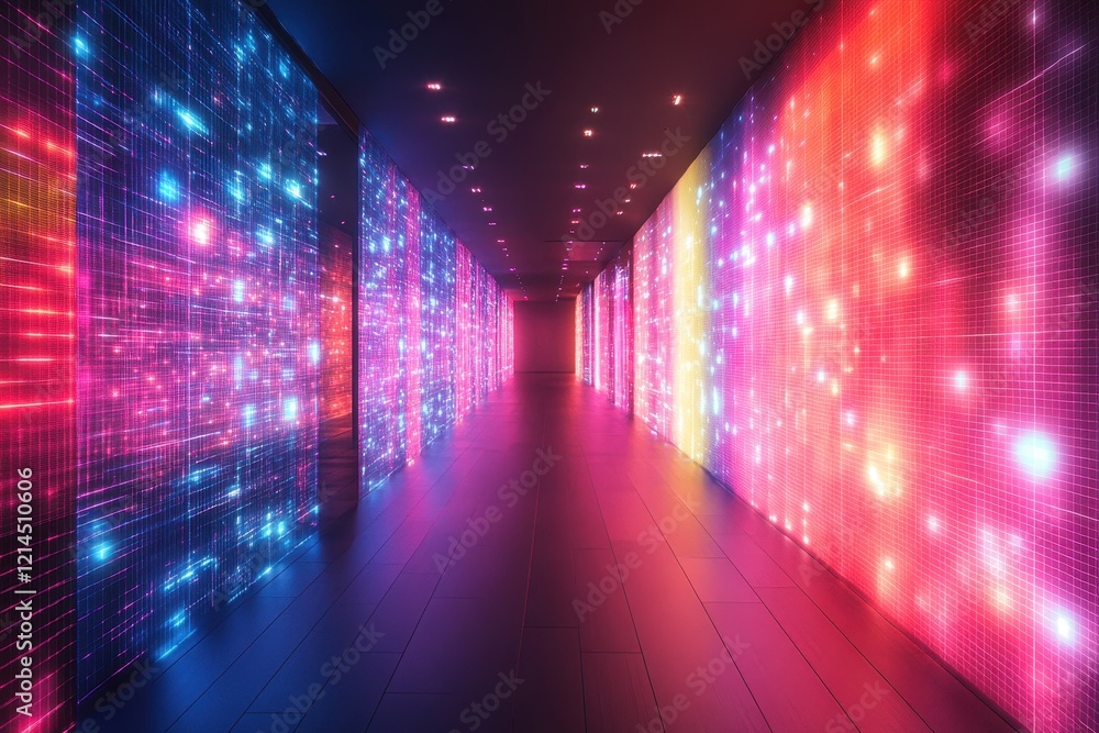 Aufkleber long corridor illuminated with many colorful lights creating an inviting atmosphere for visitors
