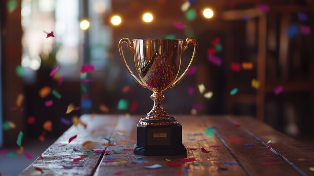 A trophy on a wooden table, surrounded by confetti, symbolizing recognition and achievement.