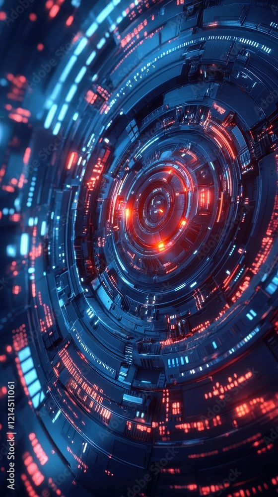 Poster circular tunnel illuminated with red and blue lights creating a vibrant abstract background
