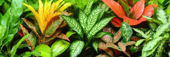 Obraz premium Vibrant tropical foliage, lush green leaves, indoor garden, nature background, website design
