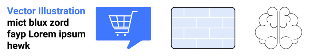 Blue shopping cart in speech bubble, digital interface grid, and outline of brain. Ideal for e-commerce, digital marketing, technology, innovation, data management, user interface, modern design