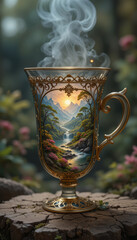 A steaming cup with a spring landscape background inside it