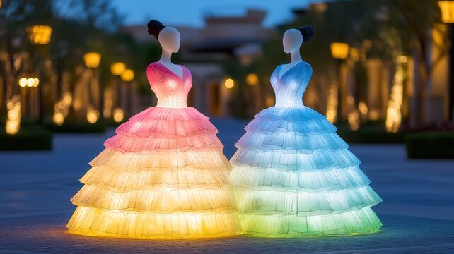 Climate solutions recycling programs concept. Two illuminated dresses on display in a serene outdoor setting.