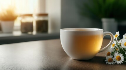 Fototapeta premium herbal tea relaxation, chamomile tea in a plain cup on a farmhouse table with fresh chamomile flowers and a jar of herbs, lit by sunshine