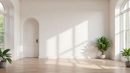 Fototapeta premium A serene white-walled room features a gracefully arched doorway, adorned with a sleek black handle to the right. A nearby window adds subtle light, enhancing the tranquil atmosphere