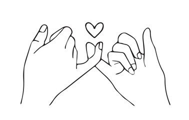 Lovers hands for valentine's day or best friend. Romantic card, Line of hearts. Two hands holding, heart symbol colorless black and white.