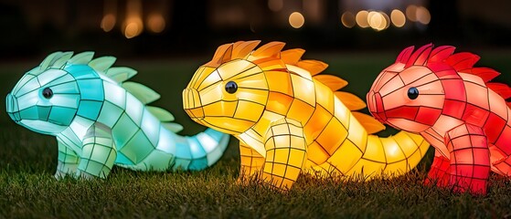 Climate solutions recycling programs concept. Colorful illuminated dinosaur lanterns on grass at night.