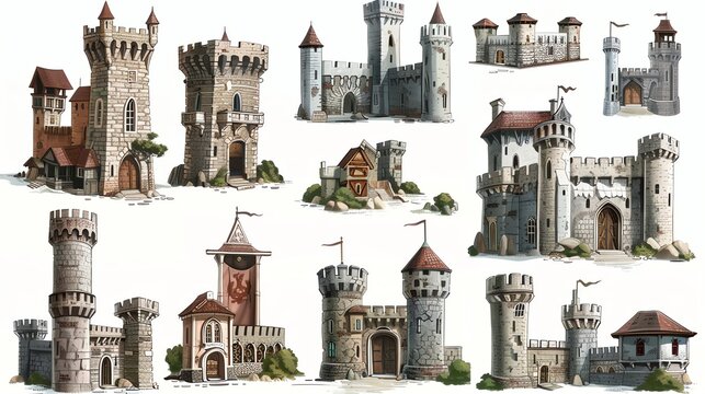 A collection of cartoon-style castles and towers.