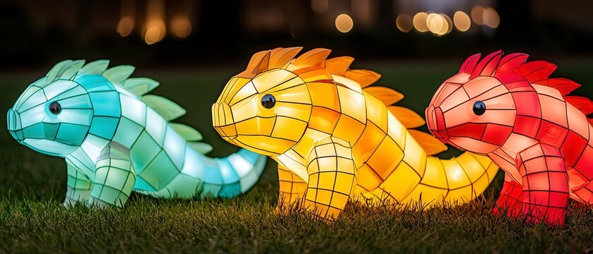 Climate solutions recycling programs concept. Colorful illuminated dinosaur lanterns on grass at night.