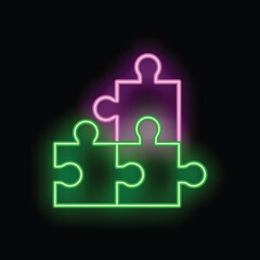 Neon sign illustrating puzzle pieces coming together, symbolizing problem solving and teamwork