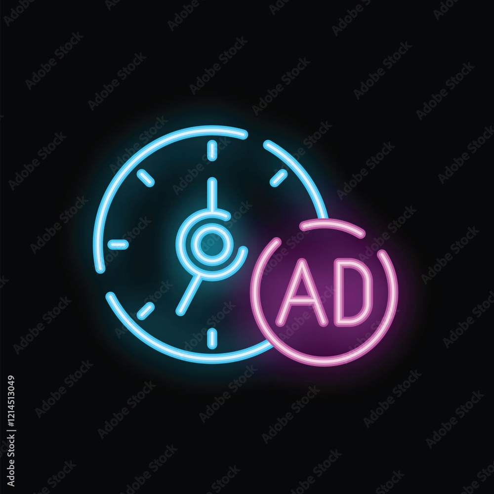 Poster glowing neon sign of a clock counting down the time until an advertisement is shown
