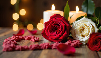 Romantic red and white roses arranged in heart shape, love concept