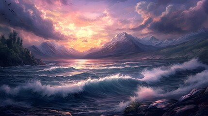 Dramatic Sunset over Rocky Coastline and Mountains