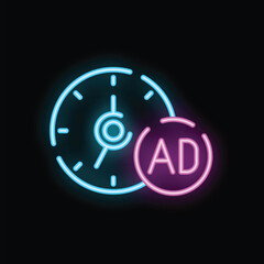 Glowing neon sign of a clock counting down the time until an advertisement is shown