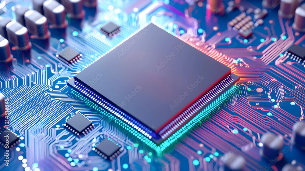 Poster illuminated microchip: a mesmerizing close-up of a high-tech microchip's intricate circuitry, glowin