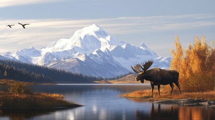 A bull moose at the edge of a lake in the fall with mountain in the background.
