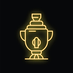 Yellow glowing neon sign representing a traditional russian samovar brewing tea, isolated on a black background