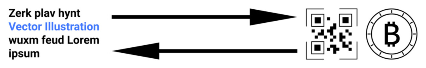Black arrows showing a transaction between text and a QR code. QR code next to Bitcoin symbol. Ideal for cryptocurrency, blockchain technology, transactions, digital payments, finance, security