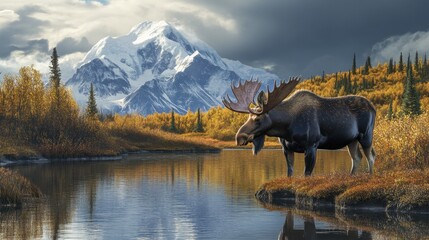 A bull moose at the edge of a lake in the fall with mountain in the background.

