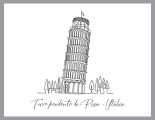 Pisa tower skyline, Italy. Italian landmark. Tower of Pisa simple sketch vector illustration. Illustration in linear style on white background. 