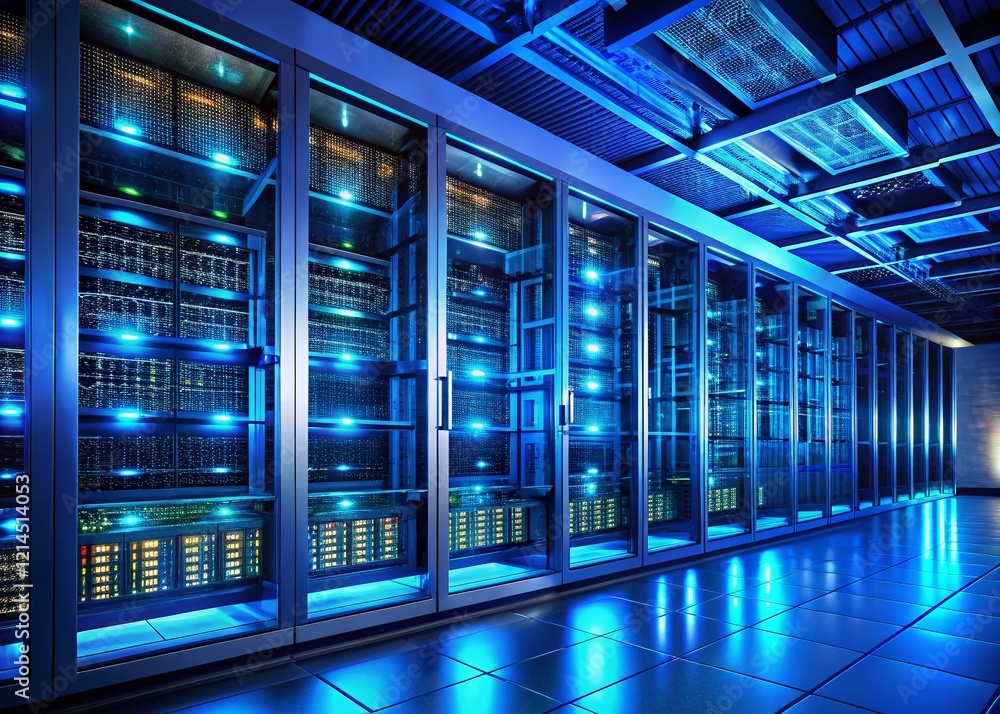 Poster Night Cityscape: Automated IT Troubleshooting System Monitoring & Network Security –  Data Center Server Room Lights