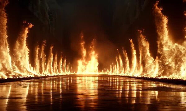 Fiery inferno engulfing a pathway between tall columns, reflecting on a wet surface.