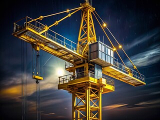 Night Construction: Illuminated Yellow Tower Crane with Copy Space for Text