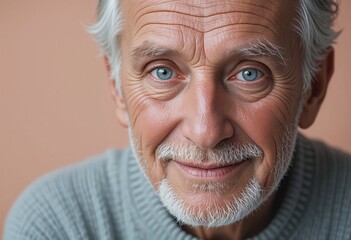Close-up portrait of a smiling senior man with gray hair and blue eyes He's wearing a light gray sweater