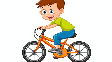 A cartoon illustration of a happy boy riding a bicycle.