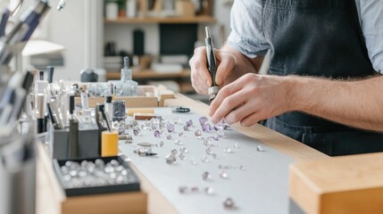 Fototapeta premium Meticulously Capturing the Refined Skill of Gemstone Polishing within a Jeweler s Workspace Devoted to Crafting Pieces