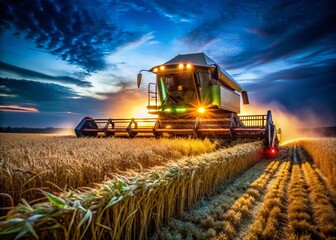 Fototapeta premium Night Harvest: Macro Detail of Combine Harvester Headlights Illuminating Wheat at Dusk