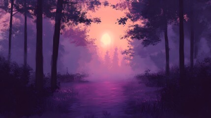 Obraz premium Purple Sunset Forest River Landscape Painting