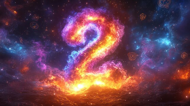 The artwork displays a glowing number two, crafted from fiery hues of orange, purple, and blue, set against a dark cosmic background filled with starry elements and swirling clouds - Powered by Adobe