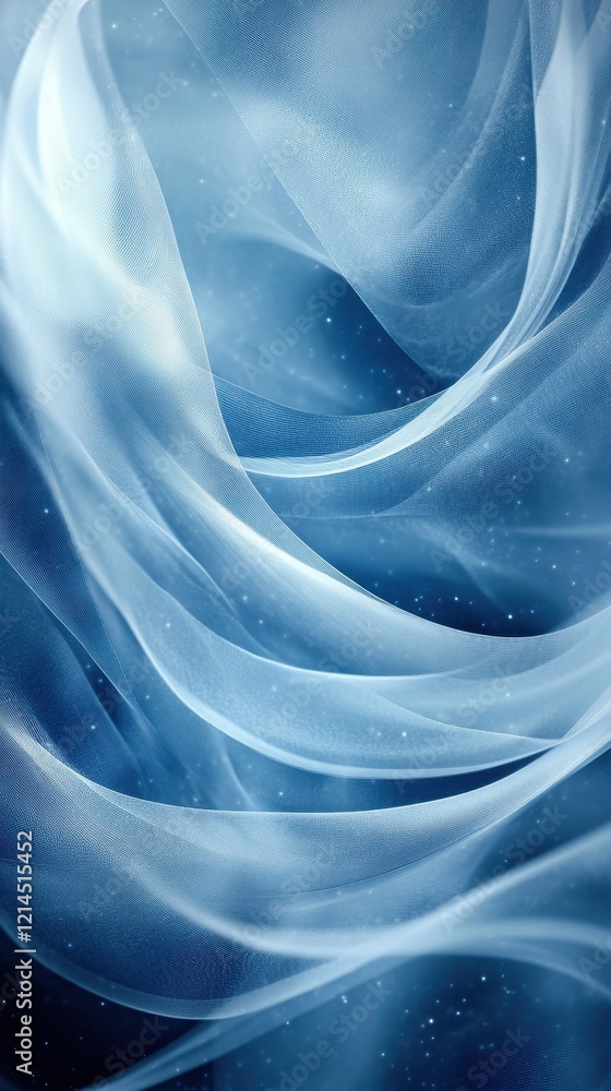Poster blue background with abstract white and black swirls creating a dynamic artistic design