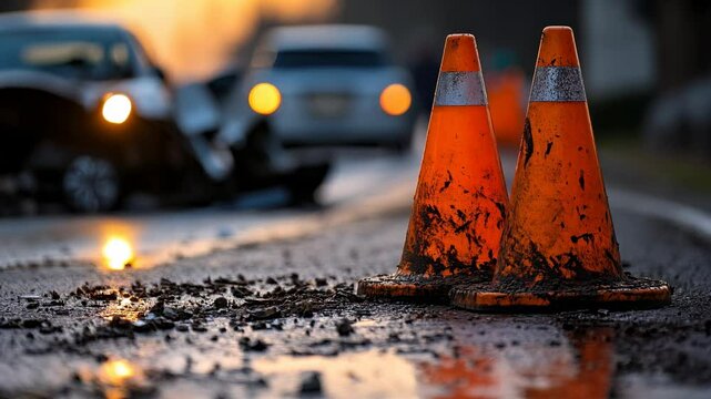 Conceptual image of prevention of traffic accidents with two traffic cones in a wet street highlighting a car accident scene in the background.